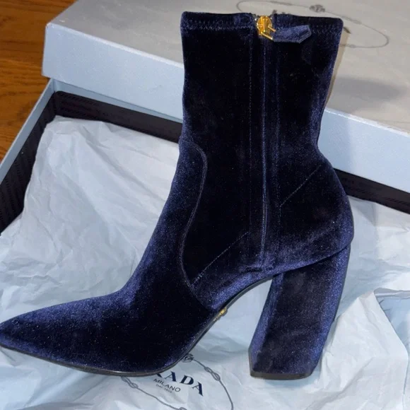 Prada Midnight Blue Velvet Heeled Boots - Picture 5 of 8